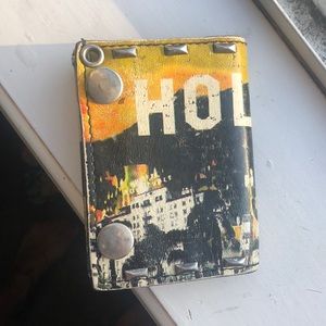 Leather wallet w/Hollywood on fire print and studs